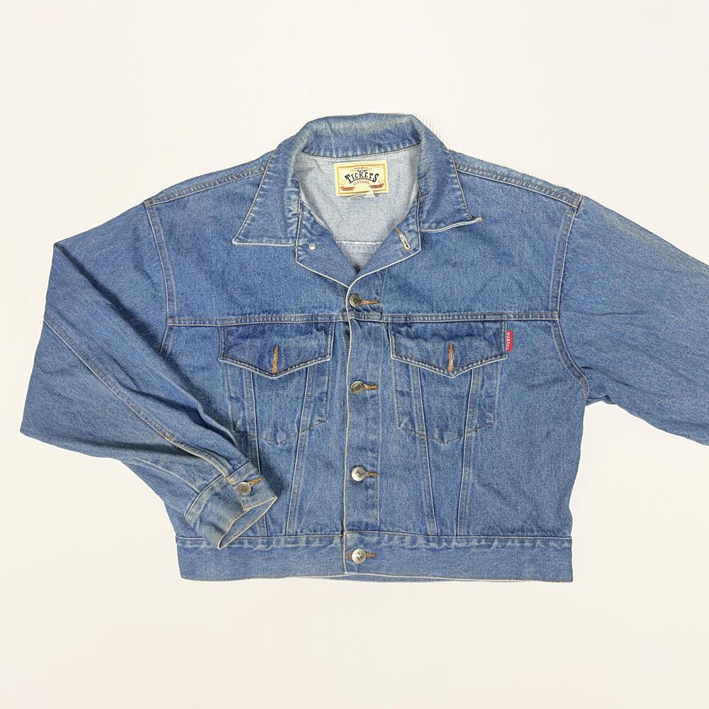 VTG Y2K Tickets Jacket Womens M Blue Denim Trucker Button Front Short Cropped